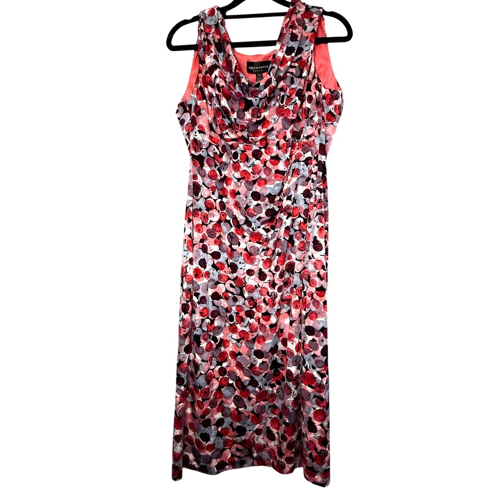 Connected Apparel Dress Size 12 Pink Red Abstract Cowl Neck Sleeveless Ruched